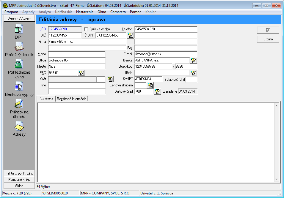 Adresář dodavatelů/odběratelů Adresár dodávateľov/odberateľov