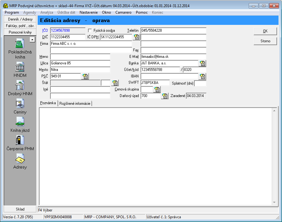 Adresář dodavatelů/odběratelů Adresár dodávateľov/odberateľov